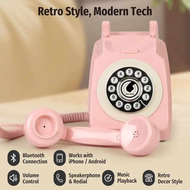 Alt view image 7 of 7 - Bluetooth Landline Phone with Handset and Speakerphone, Retro Bluetooth Home Phone, Classic Bluetooth Desk Phone, Cordless Bluetooth Telephone with USB Rechargeable