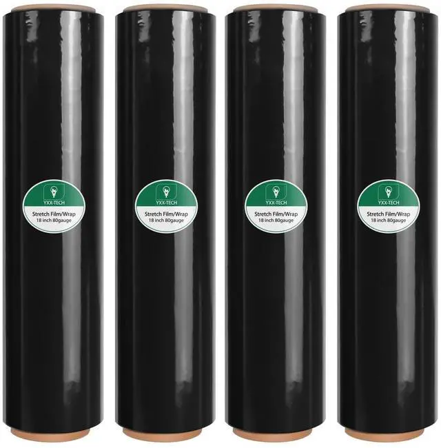 Main image of Black Stretch Wrap Film, Shrink Wrap 18in x 1500ft 4 Pack, Heavy Duty Privacy Pallet Wrap | Black film, Self-Adhesive Cling, 80 Gauge Industrial Strength, for Privacy Moving Packing Shipping