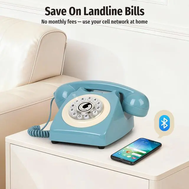 Alt view image 7 of 7 - Bluetooth Landline Phone with Handset and Speakerphone, Retro Bluetooth Home Phone, Classic Bluetooth Desk Phone, Cordless Bluetooth Telephone with USB Rechargeable