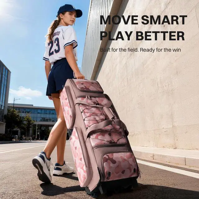 Alt view image 5 of 7 - Large Rolling Baseball Catchers Gear Bag with Wheels, Wheeled Softball Bag for 4 Bats with Fence Hooks Waterproof Pocket Shoe Compartment for T-Ball Adult, Baseball Equipment Duffle Bag
