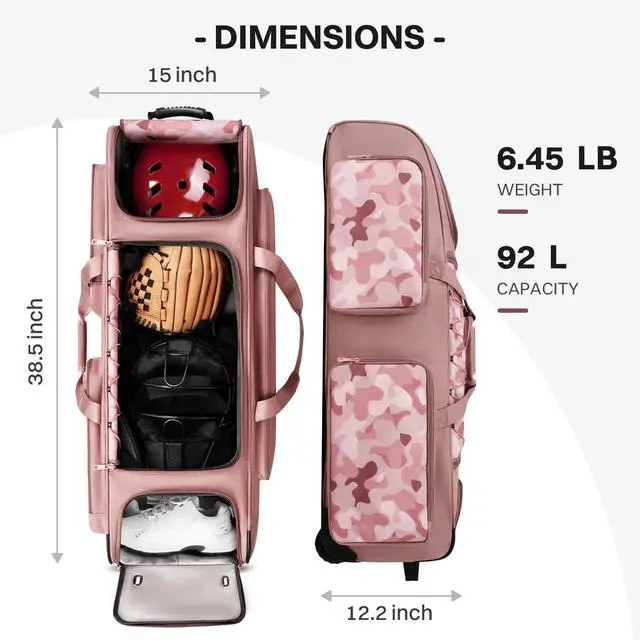 Alt view image 7 of 7 - Large Rolling Baseball Catchers Gear Bag with Wheels, Wheeled Softball Bag for 4 Bats with Fence Hooks Waterproof Pocket Shoe Compartment for T-Ball Adult, Baseball Equipment Duffle Bag