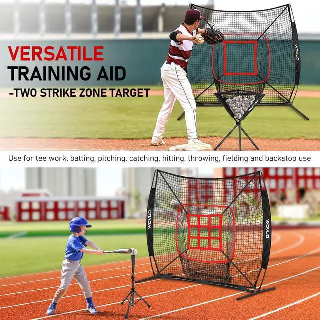 Alt view image 6 of 7 - 7x7 ft Baseball Net for Batting Pitching Hitting, Softball Pitching Net with Strike Zone, Tee, Ball Caddy, Softball Batting Net Baseball Training Equipment for Kids Adult Youth Sport Practice