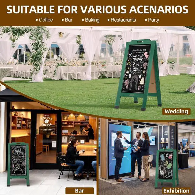 Alt view image 7 of 7 - Magnetic Portable A-Frame Chalkboard Signs, 40" x 20" Large Wood Sandwich Board Signs Outdoor, Double-Sided Sidewalk Standing Chalk Board for Business, Wedding, Vendor Display, Coffee Shope - Green