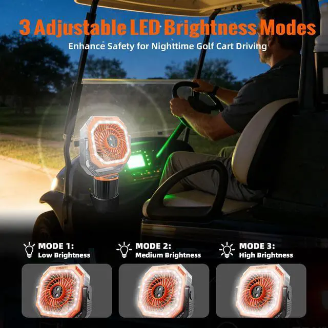 Alt view image 4 of 7 - 48Hrs Golf Cart Misting Fan, 2-in-1 Large Golf Cart Fan & Camping Fan w/ 2 Spray Modes/4 Powerful Speeds/3 Ultra-Bright LED Lights/Oscillation, with Detachable Base & Cup Holder for Golf Cart