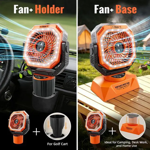 Alt view image 5 of 7 - 48Hrs Golf Cart Misting Fan, 2-in-1 Large Golf Cart Fan & Camping Fan w/ 2 Spray Modes/4 Powerful Speeds/3 Ultra-Bright LED Lights/Oscillation, with Detachable Base & Cup Holder for Golf Cart