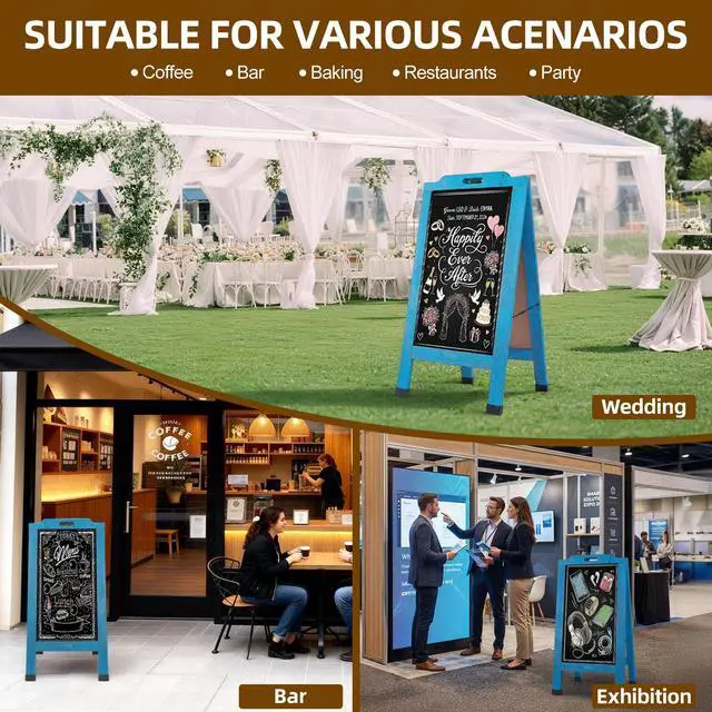 Alt view image 7 of 7 - Magnetic Portable A-Frame Chalkboard Signs, 40" x 20" Large Wood Sandwich Board Signs Outdoor, Double-Sided Sidewalk Standing Chalk Board for Business, Wedding, Vendor Display, Coffee Shope - Blue