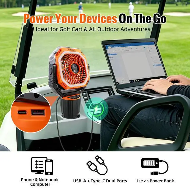 Alt view image 6 of 7 - 48Hrs Golf Cart Misting Fan, 2-in-1 Large Golf Cart Fan & Camping Fan w/ 2 Spray Modes/4 Powerful Speeds/3 Ultra-Bright LED Lights/Oscillation, with Detachable Base & Cup Holder for Golf Cart