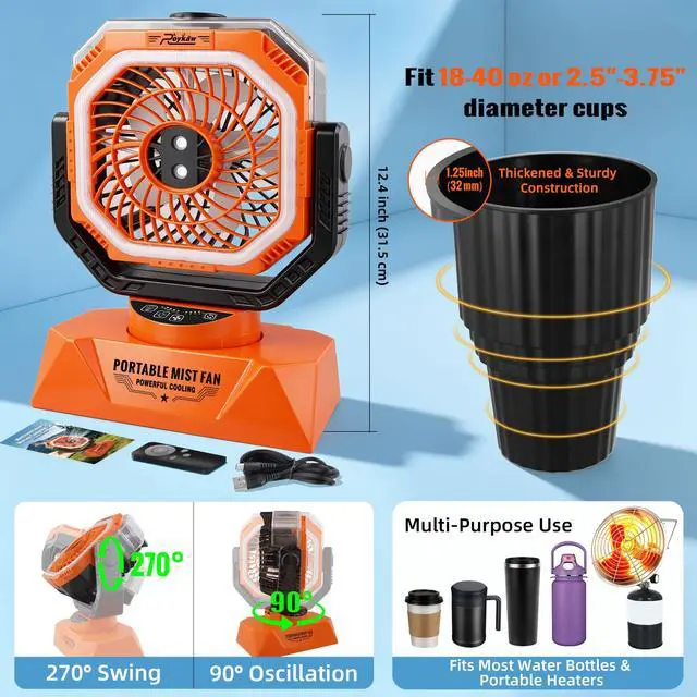 Alt view image 7 of 7 - 48Hrs Golf Cart Misting Fan, 2-in-1 Large Golf Cart Fan & Camping Fan w/ 2 Spray Modes/4 Powerful Speeds/3 Ultra-Bright LED Lights/Oscillation, with Detachable Base & Cup Holder for Golf Cart