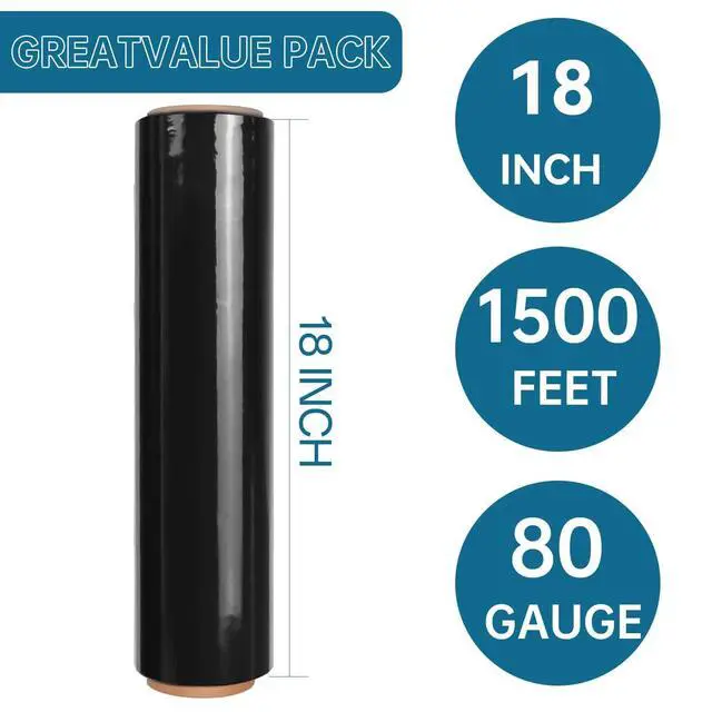 Alt view image 2 of 7 - Black Plastic Shrink Wrap Roll 18 Inch 1500 Feet, Stretch Wrap 4 Pack | 80 Gauge,800% Industrial Stretch, Black Stretch Film Self-Adhesive Cling, Plastic Wrap for Furniture Wrapping Shipping Moving