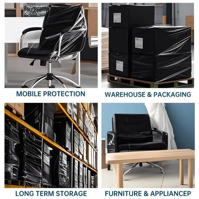 Alt view image 6 of 7 - Black Plastic Shrink Wrap Roll 18 Inch 1500 Feet, Stretch Wrap 4 Pack | 80 Gauge,800% Industrial Stretch, Black Stretch Film Self-Adhesive Cling, Plastic Wrap for Furniture Wrapping Shipping Moving
