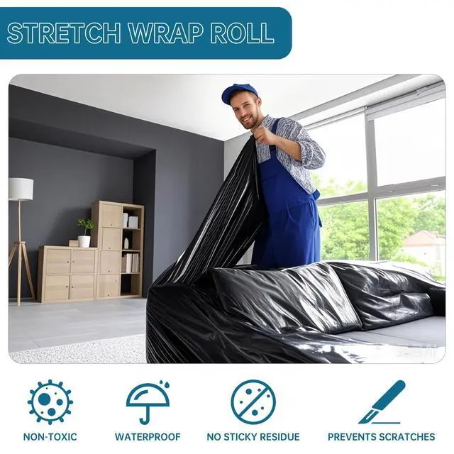 Alt view image 7 of 7 - Black Plastic Shrink Wrap Roll 18 Inch 1500 Feet, Stretch Wrap 4 Pack | 80 Gauge,800% Industrial Stretch, Black Stretch Film Self-Adhesive Cling, Plastic Wrap for Furniture Wrapping Shipping Moving