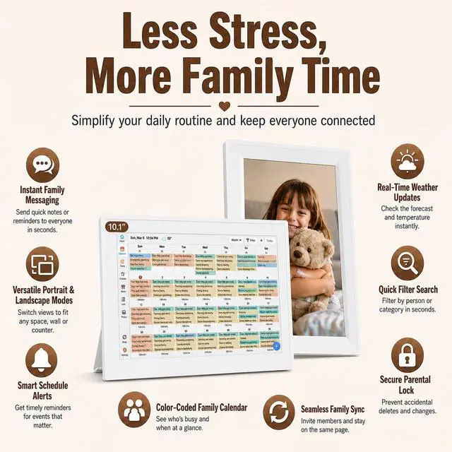 Alt view image 4 of 7 - Digital Calendar 10.1" Touchscreen, Smart Electronic Wall Organizer, Chore List, Meal & Family Task Manager, Third-Party Calendar Sync, Picture Frame - Perfect Gifts for Mom & Women