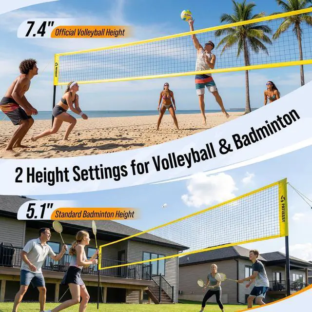 Alt view image 4 of 7 - 4 Square Volleyball Game Set, 4 Way Net System with 16FT & 32FT Court, Adjustable Height Backyard Badminton Combo, Portable Outdoor Kit with Ball, Pump, Boundary Line, Carry Bag