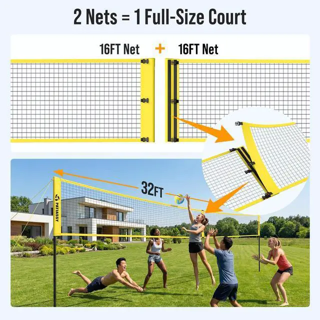 Alt view image 5 of 7 - 4 Square Volleyball Game Set, 4 Way Net System with 16FT & 32FT Court, Adjustable Height Backyard Badminton Combo, Portable Outdoor Kit with Ball, Pump, Boundary Line, Carry Bag