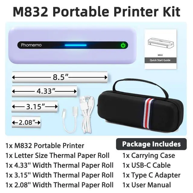Alt view image 3 of 7 - Portable Thermal Printer, Bluetooth Portable Printers Wireless for Travel, M832 Inkless Mobile Printer for Phone Laptop, Support 8.5''x11''/A4/4.33''/3.15''/2.08'' Thermal Paper, with Case