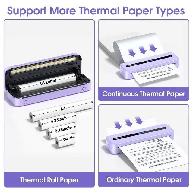 Alt view image 6 of 7 - Portable Thermal Printer, Bluetooth Portable Printers Wireless for Travel, M832 Inkless Mobile Printer for Phone Laptop, Support 8.5''x11''/A4/4.33''/3.15''/2.08'' Thermal Paper, with Case