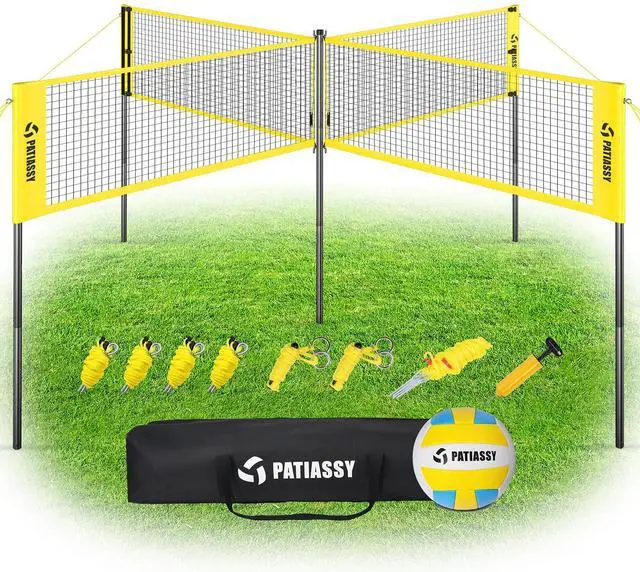 Main image of 4 Square Volleyball Game Set, 4 Way Net System with 16FT & 32FT Court, Adjustable Height Backyard Badminton Combo, Portable Outdoor Kit with Ball, Pump, Boundary Line, Carry Bag