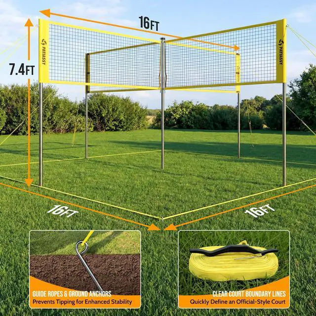 Alt view image 7 of 7 - 4 Square Volleyball Game Set, 4 Way Net System with 16FT & 32FT Court, Adjustable Height Backyard Badminton Combo, Portable Outdoor Kit with Ball, Pump, Boundary Line, Carry Bag