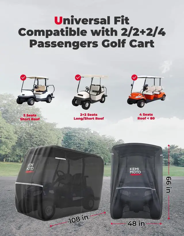 Alt view image 5 of 7 - 600D Waterproof Golf Cart Cover, Universal Heavy Duty Large Golf Cart Rain Cover with Storage Bag Compatible with EZGO Club Car 2/2+2/4 Passenger, Black