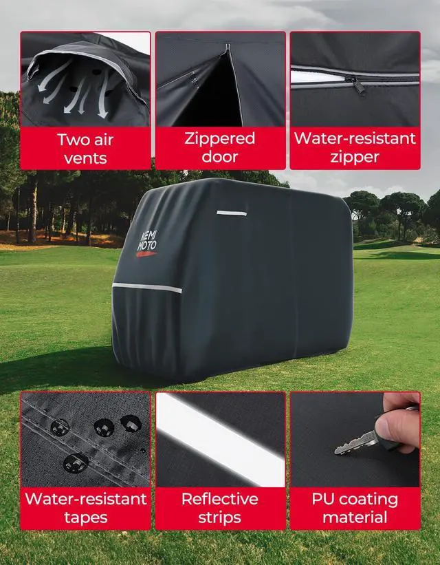 Alt view image 4 of 7 - 600D Waterproof Golf Cart Cover, Universal Heavy Duty Large Golf Cart Rain Cover with Storage Bag Compatible with EZGO Club Car 2/2+2/4 Passenger, Black