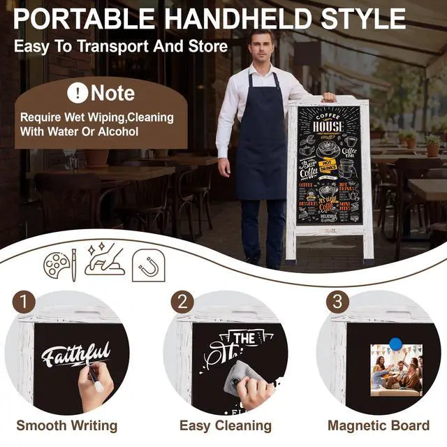Alt view image 3 of 7 - Magnetic Portable A-Frame Chalkboard Signs, 40" x 20" Large Wood Sandwich Board Signs Outdoor, Double-Sided Sidewalk Standing Chalk Board for Business, Wedding, Vendor Display, Coffee Shope - White