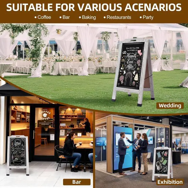 Alt view image 7 of 7 - Magnetic Portable A-Frame Chalkboard Signs, 40" x 20" Large Wood Sandwich Board Signs Outdoor, Double-Sided Sidewalk Standing Chalk Board for Business, Wedding, Vendor Display, Coffee Shope - White