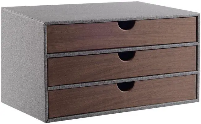 Main image of Cloth-effect Faux Leather Desk Organizer File Cabinet Executive Office Supplies Desktop Filing A4 Contract Document Stackable Storage Box with 3 Drawers (Grey)