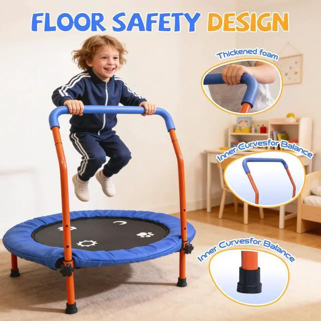 Alt view image 2 of 7 - 36" Foldable Mini Trampoline for Kids, ASTM Certified, Blue | Climate Pledge Friendly Toddler Trampoline with Padded Handlebar, Elastic Band No Springs, Easy to Assemble, Gift for Kids