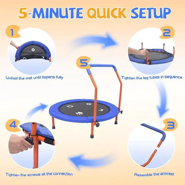 Alt view image 3 of 7 - 36" Foldable Mini Trampoline for Kids, ASTM Certified, Blue | Climate Pledge Friendly Toddler Trampoline with Padded Handlebar, Elastic Band No Springs, Easy to Assemble, Gift for Kids