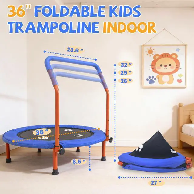 Alt view image 5 of 7 - 36" Foldable Mini Trampoline for Kids, ASTM Certified, Blue | Climate Pledge Friendly Toddler Trampoline with Padded Handlebar, Elastic Band No Springs, Easy to Assemble, Gift for Kids