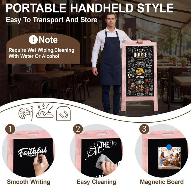 Alt view image 3 of 7 - Magnetic Portable A-Frame Chalkboard Signs, 40" x 20" Large Wood Sandwich Board Signs Outdoor, Double-Sided Sidewalk Standing Chalk Board for Business, Wedding, Vendor Display, Coffee Shope - Pink
