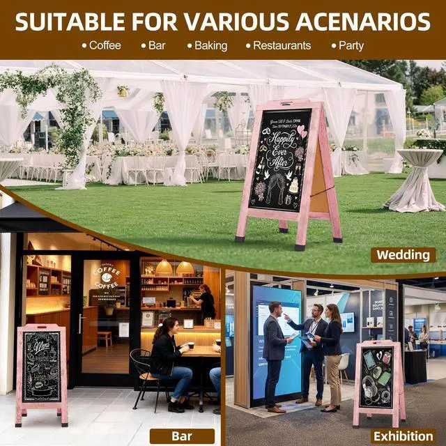 Alt view image 7 of 7 - Magnetic Portable A-Frame Chalkboard Signs, 40" x 20" Large Wood Sandwich Board Signs Outdoor, Double-Sided Sidewalk Standing Chalk Board for Business, Wedding, Vendor Display, Coffee Shope - Pink