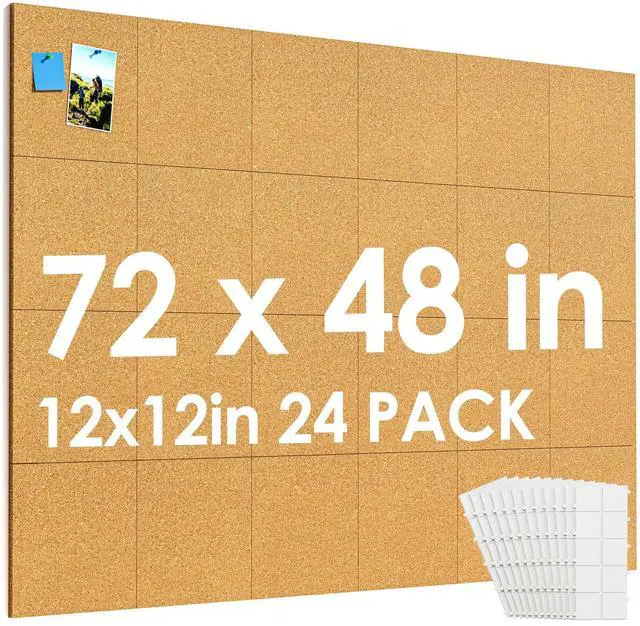 Main image of 72" x 48" Large Cork Board for Wall, 24 Pack 12" x 12" Tiles | Self-Healing Natural Cork; Includes 40 Pushpins & Removable Adhesive Tabs; Flexible Board for Office, School & Home