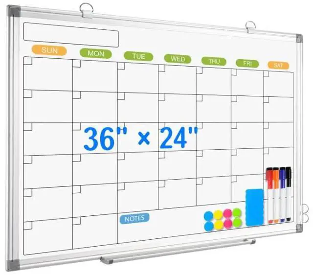 Main image of White Board Calendar 36 x 24 Monthly Whiteboard Dry Erase Calendar | Double-Sided Magnetic Calendar, Wall Planning Board with Marker Kits for Home, School, Office