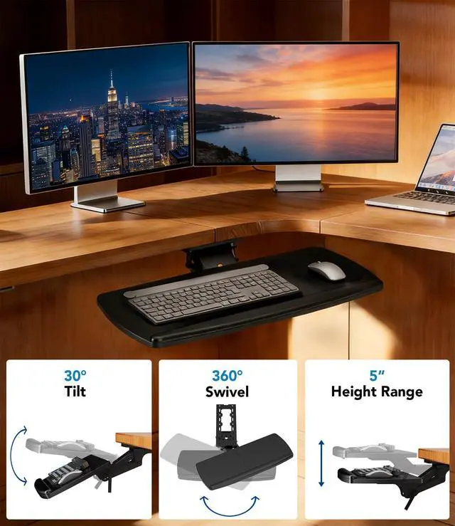 Alt view image 4 of 7 - Keyboard Tray Under Desk with Storage Drawer, Height Adjustable Keyboard Tray Slide Out 360° Swivel Tilt, Ergonomic Under Desk Mount Keyboard & Mouse Holder for Gaming Home Office, Black