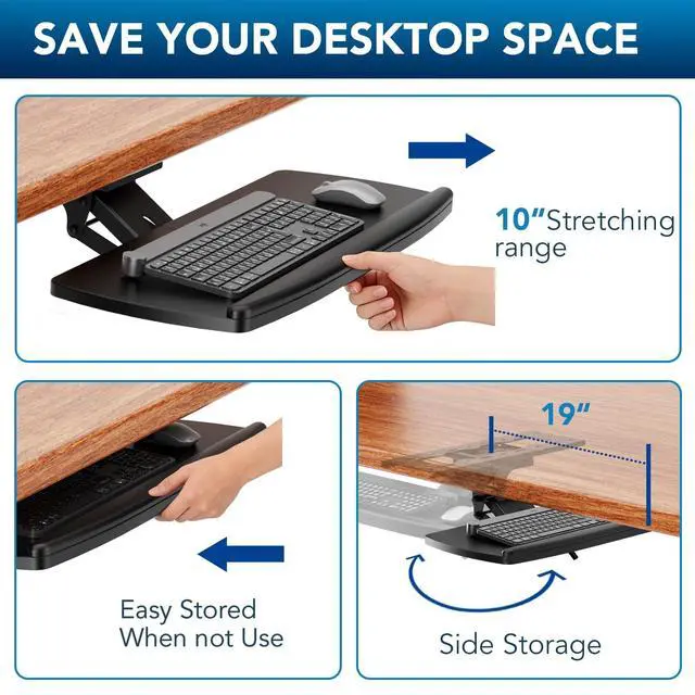 Alt view image 5 of 7 - Keyboard Tray Under Desk with Storage Drawer, Height Adjustable Keyboard Tray Slide Out 360° Swivel Tilt, Ergonomic Under Desk Mount Keyboard & Mouse Holder for Gaming Home Office, Black
