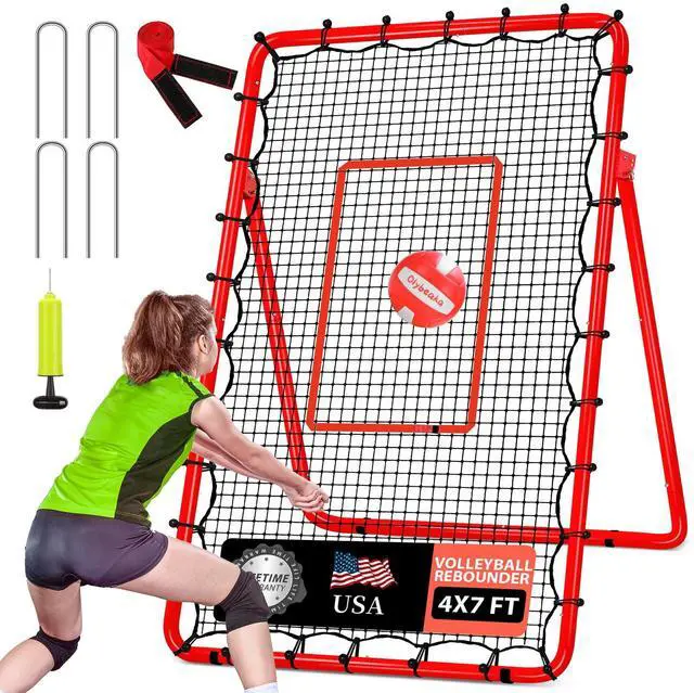 Main image of 6-Angle Adjustable Volleyball Rebounder Net 7x4 ft with PU Volleyball and Stakes - Bounce Back Training Equipment for Practicing Volleying, Bumping, Spiking, Easy Set Up & Steady for Multi Sports