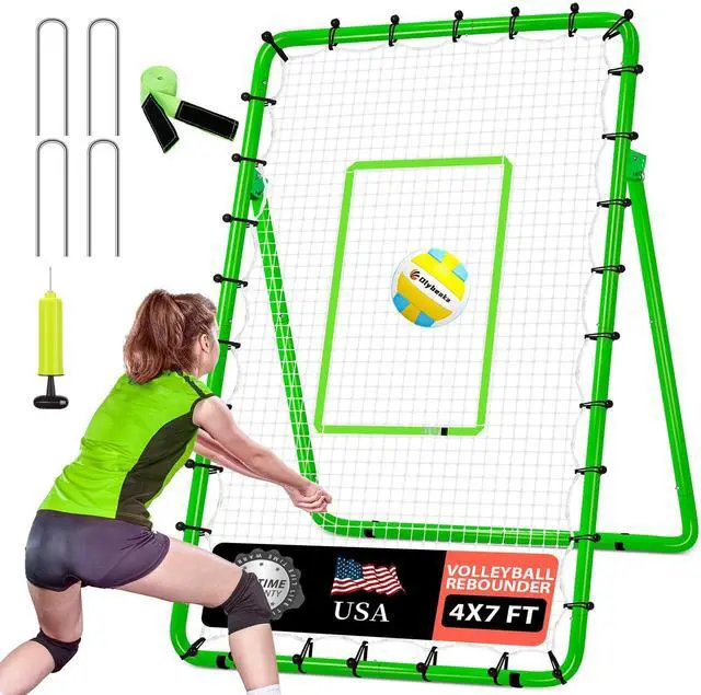 Main image of 6-Angle Adjustable Volleyball Rebounder Net 7x4 ft with PU Volleyball and Stakes - Bounce Back Training Equipment for Practicing Volleying, Bumping, Spiking, Easy Set Up & Steady for Multi Sports