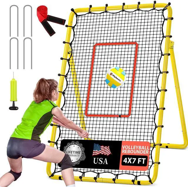 Main image of 6-Angle Adjustable Volleyball Rebounder Net 7x4 ft with PU Volleyball and Stakes - Bounce Back Training Equipment for Practicing Volleying, Bumping, Spiking, Easy Set Up & Steady for Multi Sports