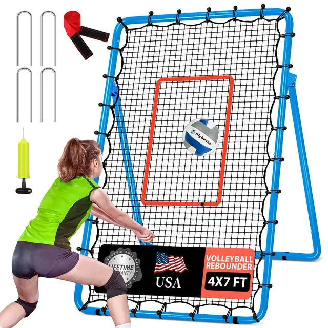 Main image of 6-Angle Adjustable Volleyball Rebounder Net 7x4 ft with PU Volleyball and Stakes - Bounce Back Training Equipment for Practicing Volleying, Bumping, Spiking, Easy Set Up & Steady for Multi Sports