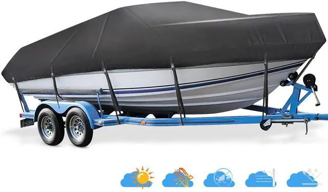 Main image of Boat Cover 16ft-18.5 ft, Waterproof Trailerable Boat Cover | Heavy Duty Covers fits Bass Boats, V-Hull, Tri-Hull, Runabout, Fishing Boats, Marine Grade Canvas Outboard Cover, Black