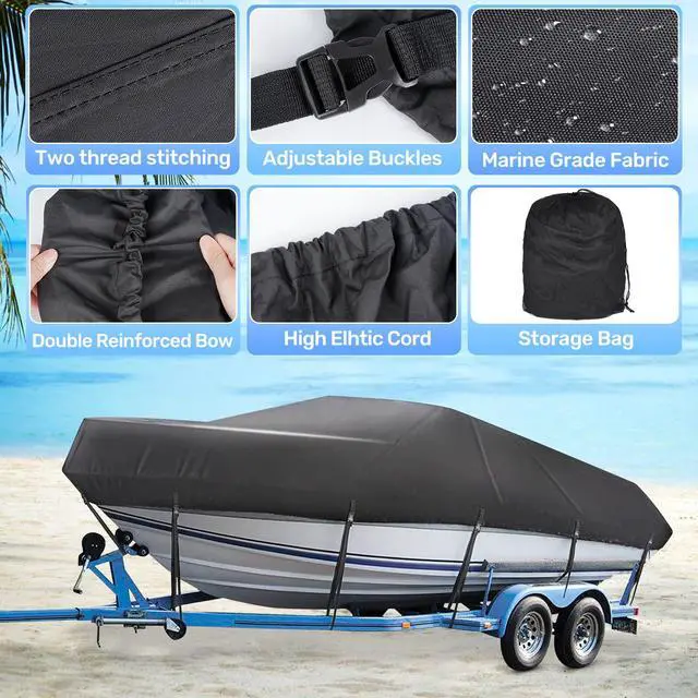 Alt view image 3 of 7 - Boat Cover 16ft-18.5 ft, Waterproof Trailerable Boat Cover | Heavy Duty Covers fits Bass Boats, V-Hull, Tri-Hull, Runabout, Fishing Boats, Marine Grade Canvas Outboard Cover, Black