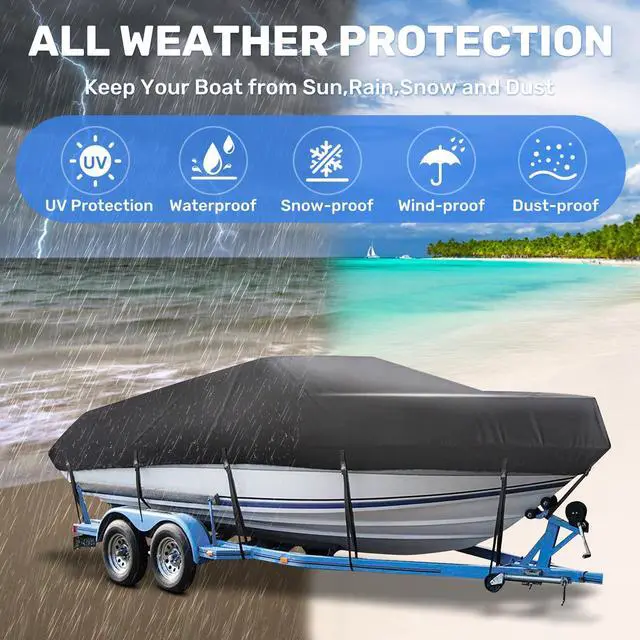 Alt view image 6 of 7 - Boat Cover 16ft-18.5 ft, Waterproof Trailerable Boat Cover | Heavy Duty Covers fits Bass Boats, V-Hull, Tri-Hull, Runabout, Fishing Boats, Marine Grade Canvas Outboard Cover, Black