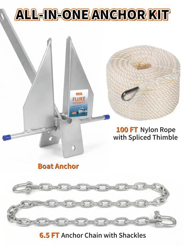 Alt view image 3 of 6 - 8/10/13 LB Fluke Anchor Kit with 100 FT Nylon Rope, Chain and Shackles, Danforth Anchor for Pontoon, Dinghies, Fishing and Bass Boats 12-32 FT