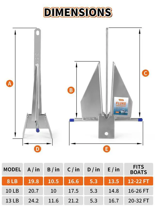 Alt view image 2 of 6 - 8/10/13 LB Fluke Anchor Kit with 100 FT Nylon Rope, Chain and Shackles, Danforth Anchor for Pontoon, Dinghies, Fishing and Bass Boats 12-32 FT