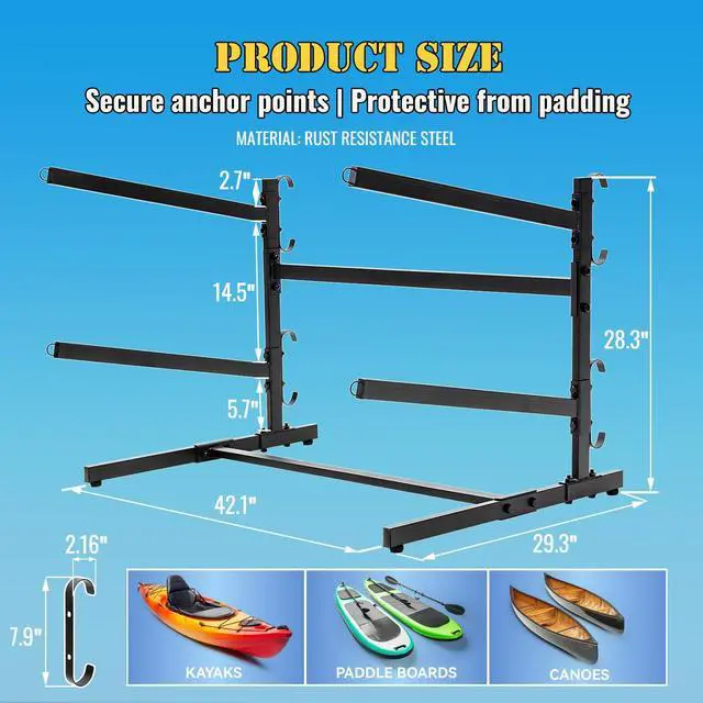 Alt view image 2 of 7 - Kayak Storage Rack, Heavy Duty 2 Level Freestanding Rack for Garage and Outdoor Storage, Holds Kayak, Canoe, Surfboard & Paddleboard, Steel Construction with Felt Padding