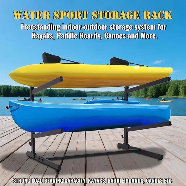 Alt view image 6 of 7 - Kayak Storage Rack, Heavy Duty 2 Level Freestanding Rack for Garage and Outdoor Storage, Holds Kayak, Canoe, Surfboard & Paddleboard, Steel Construction with Felt Padding