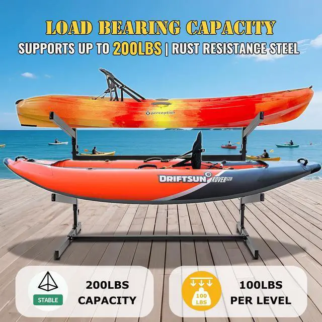 Alt view image 7 of 7 - Kayak Storage Rack, Heavy Duty 2 Level Freestanding Rack for Garage and Outdoor Storage, Holds Kayak, Canoe, Surfboard & Paddleboard, Steel Construction with Felt Padding