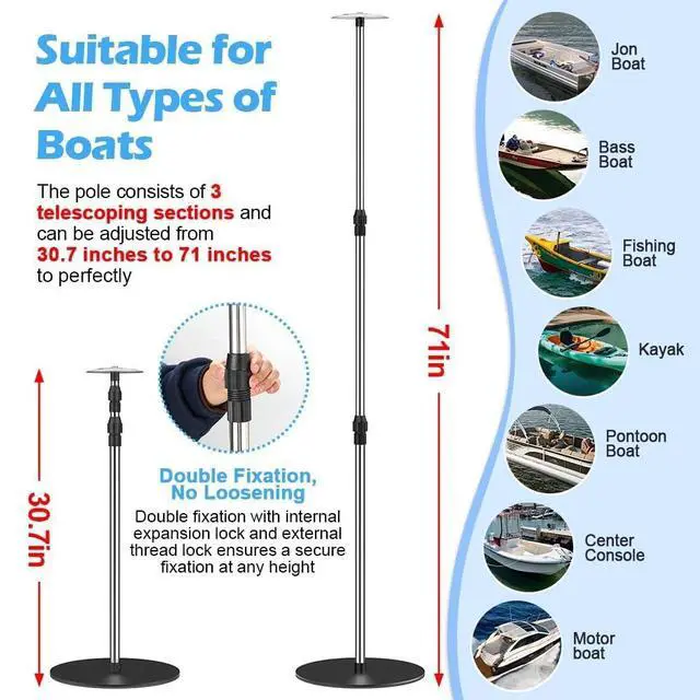Alt view image 2 of 7 - Boat Cover Support Poles 2 Pack, Stainless Steel Pontoon Boat Cover Support Poles System Adjustable 30.7"-71", Heavy-Duty 3.75 lb Metal Base Boat Tarp Accessories for V Hull, Jon