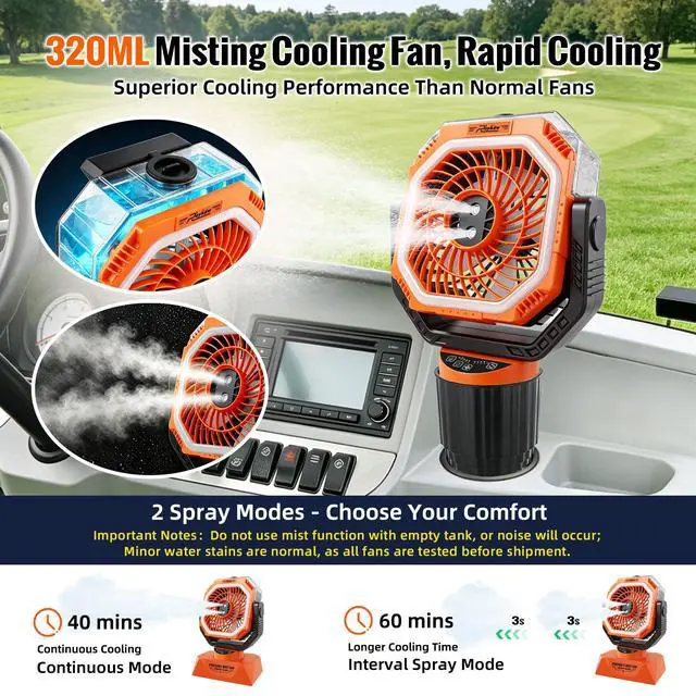 Alt view image 2 of 7 - 48Hrs Golf Cart Misting Fan, 2-in-1 Large Golf Cart Fan & Camping Fan w/ 2 Spray Modes/4 Powerful Speeds/3 Ultra-Bright LED Lights/Oscillation, with Detachable Base & Cup Holder for Golf Cart